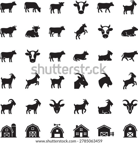 collection of black silhouette icons featuring various poses of cows and goats, including standing, grazing, and resting, along with different views of their heads and farm barn icons.