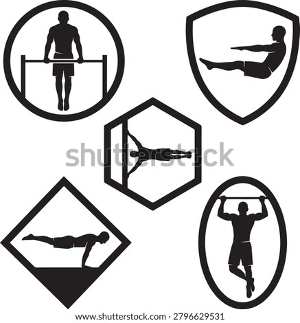 A collection of black silhouette icons featuring men performing various calisthenics exercises like pull ups, push ups, and core training in geometric shapes.