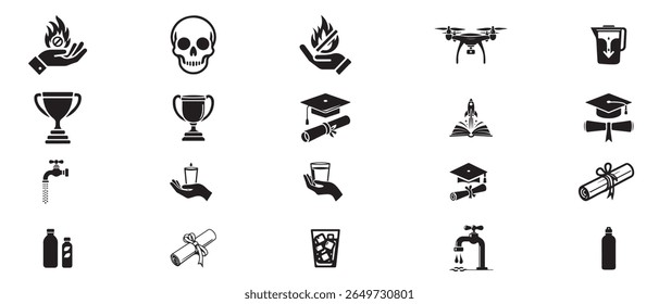 A collection of black silhouette icons on a white background, featuring elements like graduation caps, trophies, drones, and medical symbols, representing various concepts.