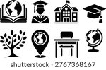 A collection of black silhouette icons representing education, learning, geography, and graduation concepts.