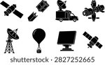 A collection of black silhouette icons representing space satellites, radar dish antennas, communication vans, weather balloons, and space stations. Perfect for technology, astronomy, telecommunication, and scientific research design projects.