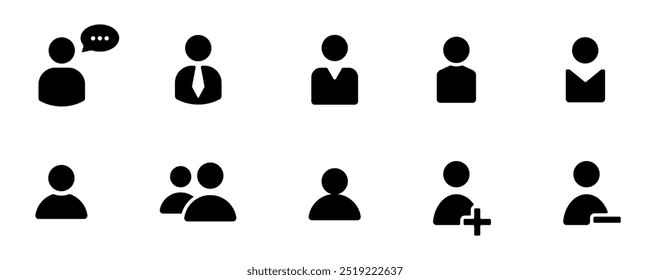 A collection of black silhouette icons representing user profiles, business roles, communication, and contacts for professional use.