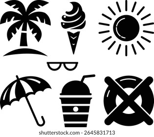 A collection of black silhouette icons representing summer vacation activities, including a palm tree, ice cream, sun, sunglasses, umbrella, drink, and a "no swimming" symbol.