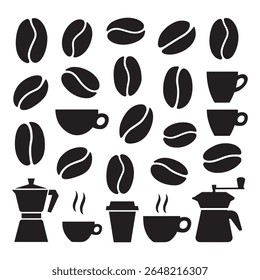 A collection of black silhouette icons representing various coffee-related items, including coffee beans, cups, coffee makers, and takeaway cups