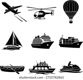 Collection of black silhouette icons representing various air sea and water transportation vehicles