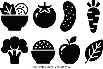 A collection of black silhouette icons representing various fresh vegetables and fruits, promoting healthy eating habits.