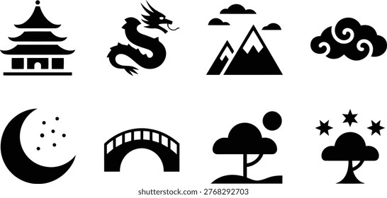 A collection of black silhouette icons representing East Asian culture, including architecture, mythology, and landscapes.