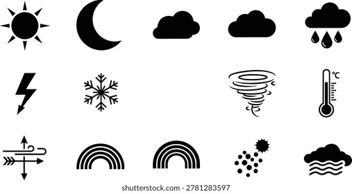 A collection of black silhouette icons representing various weather conditions and meteorological phenomena, including sun, moon, clouds, rain, lightning, snow, wind, and temperature.