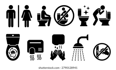 A collection of black silhouette icons representing various restroom facilities including toilets showers and hand washing stations
