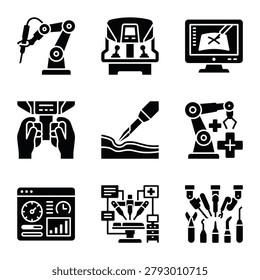 A collection of black silhouette icons representing robotic surgery, featuring medical robotic arms, surgical consoles, and advanced healthcare technology.