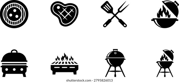 A collection of black silhouette icons representing BBQ grills, steak, spatulas, and fire for outdoor cooking themes.