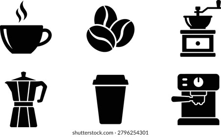 A collection of black silhouette icons representing various coffee-related items and brewing equipment, including a steaming cup, beans, grinder, moka pot, and espresso machine.