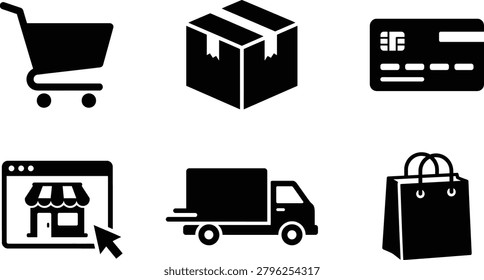 A collection of black silhouette icons representing e-commerce, online shopping, delivery, and payment methods, including a shopping cart, package, credit card, online store, delivery truck, and shopping bag.