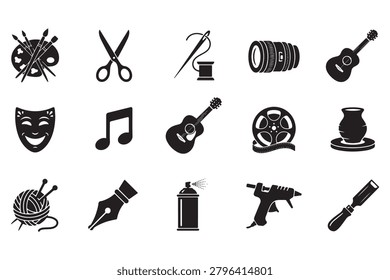A collection of black silhouette icons representing various artistic hobbies and creative craft activities