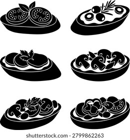 A collection of black silhouette icons representing various types of bruschetta or open-faced sandwiches with different toppings.