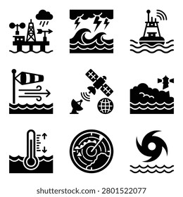 A collection of black silhouette icons representing marine weather monitoring, oceanographic research, storm tracking, and maritime navigation tools.