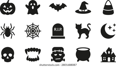A collection of black silhouette icons representing classic Halloween imagery for festive designs, parties, and seasonal marketing materials.