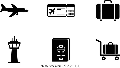 A collection of black silhouette icons representing various essential elements of air travel, including an airplane, boarding pass, luggage, control tower, passport, and a luggage cart.