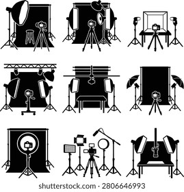 A collection of black silhouette icons representing various professional photography studio setups, lighting equipment, cameras, tripods, and backdrops.