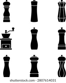A collection of black silhouette icons representing various styles of pepper mills and spice grinders for cooking.