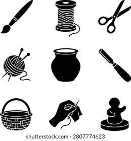 A collection of black silhouette icons representing various arts and crafts tools, including sewing, pottery, painting, and woodwork.