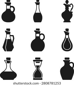 A collection of black silhouette icons representing various shapes and styles of olive oil bottles and glass cruets.