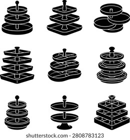 A collection of black silhouette icons representing various tiered serving trays, stands, and platters for food display.