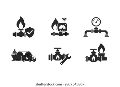 A collection of black silhouette icons representing the natural gas industry including pipeline maintenance fuel transportation pressure monitoring and safety valves on a white background