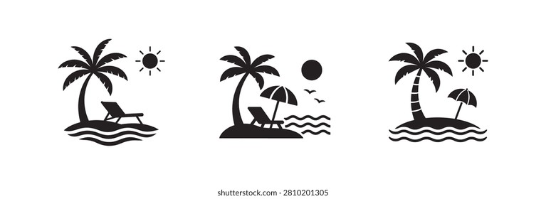 A collection of black silhouette icons representing tropical summer vacations featuring palm trees ocean waves sun and beach umbrellas on small islands