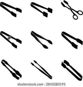 A collection of black silhouette icons representing various types of kitchen tongs and grasping tools on a white background.