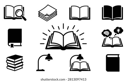 A collection of black silhouette icons representing books, reading, learning, and knowledge, ideal for educational resources and literary designs.