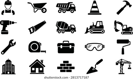 A collection of black silhouette icons representing construction, building tools, heavy machinery, and architecture, isolated on a white background.