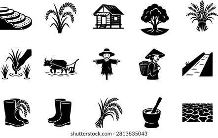 A collection of black silhouette icons representing traditional rice farming and agricultural activities, arranged in a clean grid on a white background. The set includes terraced rice fields, rice plants, a rural farmhouse, tree, harvested rice bundle, irrigated paddy field, water buffalo plowing, scarecrow, farmer carrying a basket, irrigation canal, rubber boots, mortar and pestle, cracked dry soil, and other farming-related elements. Designed in a simple, bold silhouette style, these icons are ideal for agricultural branding, farming education, rural development projects, organic food packaging, environmental campaigns, infographics, mobile applications, websites, presentations, educational materials, stickers, logos, and printable graphics. The monochrome design offers excellent versatility for both digital and print media while highlighting the essence of sustainable agriculture and rural life.