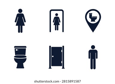 A collection of black silhouette icons representing public restroom facilities including gender symbols toilet bowl stall door and location pin