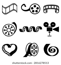A collection of black silhouette icons representing various aspects of filmmaking, cinema, and the movie industry. Perfect for digital projects.