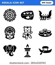 A collection of black silhouette icons representing various elements of Kerala's culture, including traditional art, transportation, religious symbols, and wildlife.
