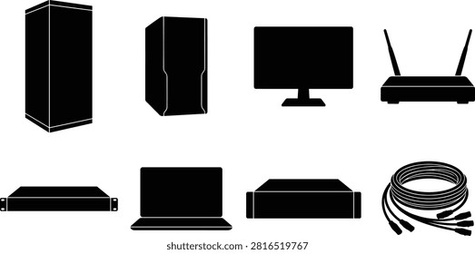 A collection of black silhouette icons representing computer and networking hardware including servers, monitors, routers, laptops, and cables. Perfect for technology design, IT service branding, data center illustrations, and digital infrastructure graphics.