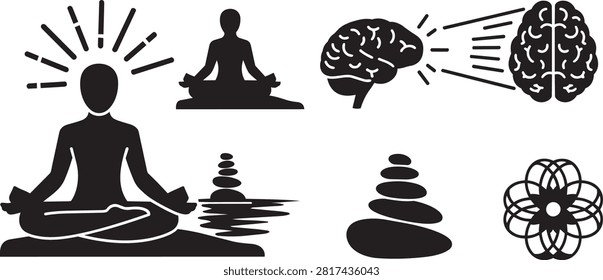 A collection of black silhouette icons representing meditation, mindfulness, mental clarity, brain function, and zen balance, isolated on white background.