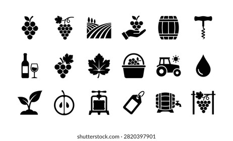 Collection of black silhouette icons representing viticulture and winemaking processes