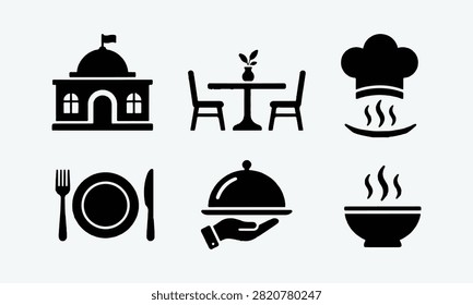 A collection of black silhouette icons representing restaurant and dining services, including a building, table setting, chef hat, cutlery, food service cloche, and a steaming bowl of hot soup.