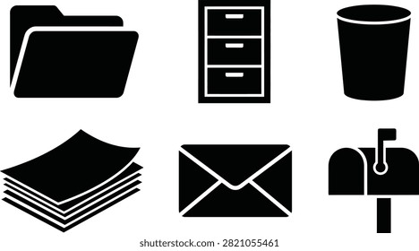 A collection of black silhouette icons representing office and administrative tasks including folders, filing cabinets, trash bins, documents, envelopes, and mailboxes.