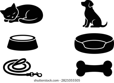 A collection of black silhouette icons representing common pet supplies and animals including a cat, dog, bowl, bed, leash, and bone.