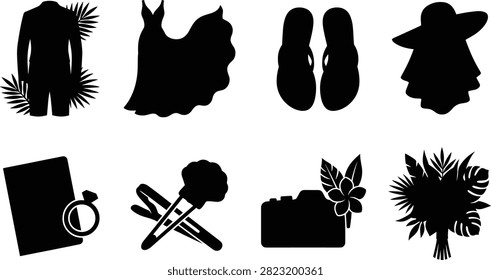 A collection of black silhouette icons representing a tropical destination wedding, featuring elements like a bridal dress, groom suit, flip-flops, camera, and exotic bouquet. Ideal for wedding planners, event invitations, and travel agency romance promotions.
