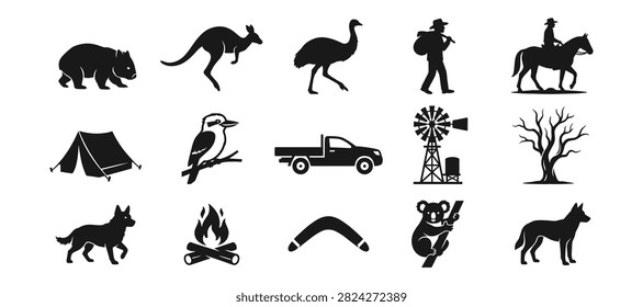 A collection of black silhouette icons representing Australian wildlife, outback life, and rural elements
