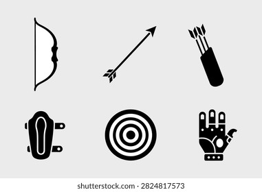 A collection of black silhouette icons representing archery equipment, including a bow, arrow, quiver, arm guard, target, and glove, isolated on a light background.