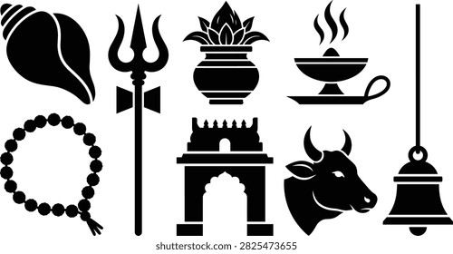 A collection of black silhouette icons representing Hindu worship