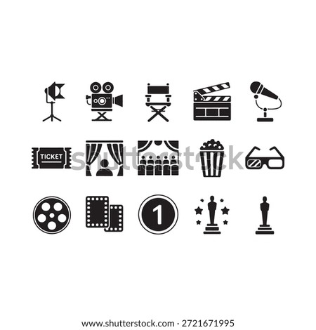 A collection of black silhouette icons representing filmmaking and cinema