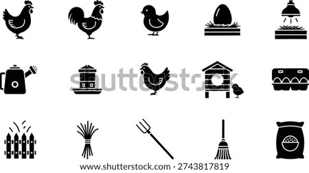 A collection of black silhouette icons representing various aspects of poultry farming and agriculture, including chickens, eggs, farm tools, and related equipment.