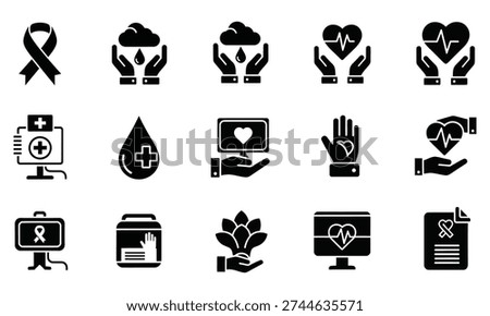 A collection of black silhouette icons representing various medical care and health-related symbols