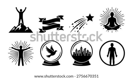 a collection of black silhouette icons representing success, achievement, and motivation, including a person on a mountain, arrows, a star, a person meditating, a person with arms outstretched, a crystal ball with a bird, a cityscape in a crystal ball, and a person in a circle, symbolizing goals, aspirations, and personal growth for business, marketing, and educational use